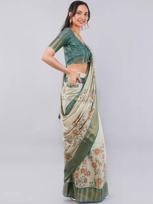 Off white polyester printed saree with blouse 3