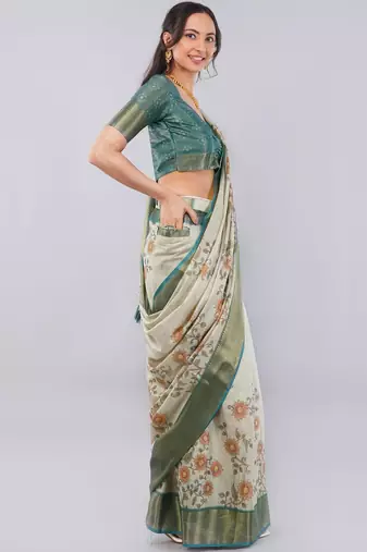 Off white polyester printed saree with blouse
