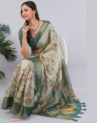 Off white polyester printed saree with blouse 4