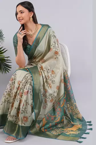 Off white polyester printed saree with blouse