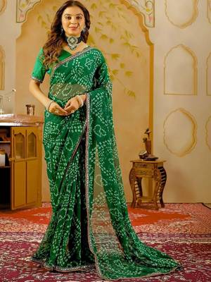 Green chiffon printed saree with blouse 1