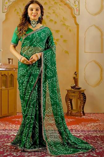 Green chiffon printed saree with blouse