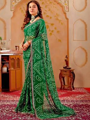 Green chiffon printed saree with blouse 2