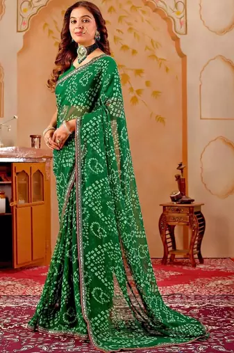 Green chiffon printed saree with blouse