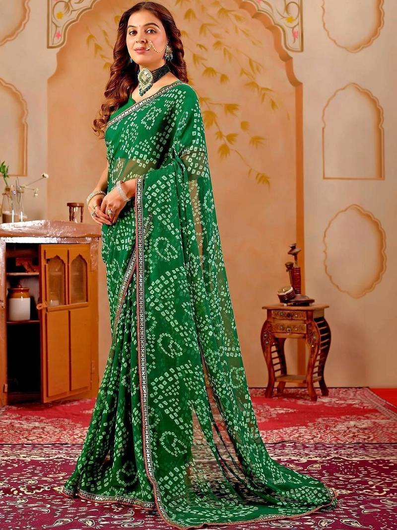 Green chiffon printed saree with blouse