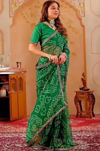 Green chiffon printed saree with blouse
