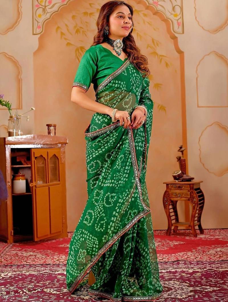 Green chiffon printed saree with blouse