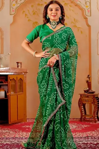 Green chiffon printed saree with blouse