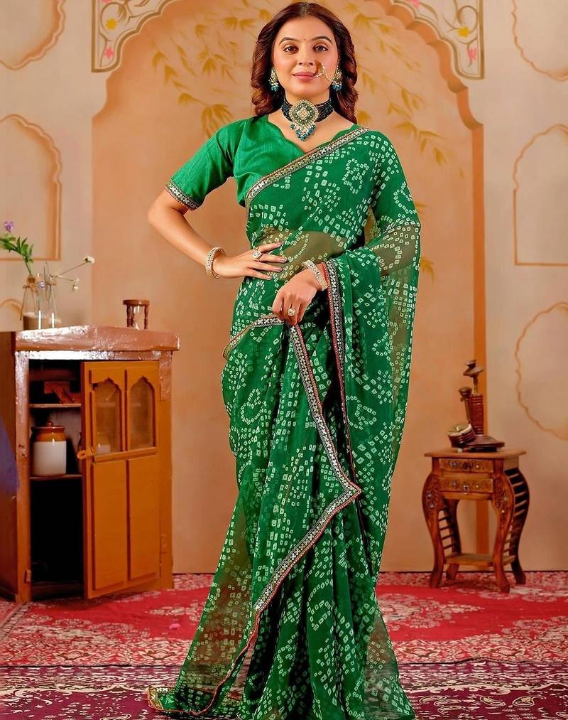Green chiffon printed saree with blouse