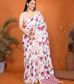 White linen printed saree with blouse