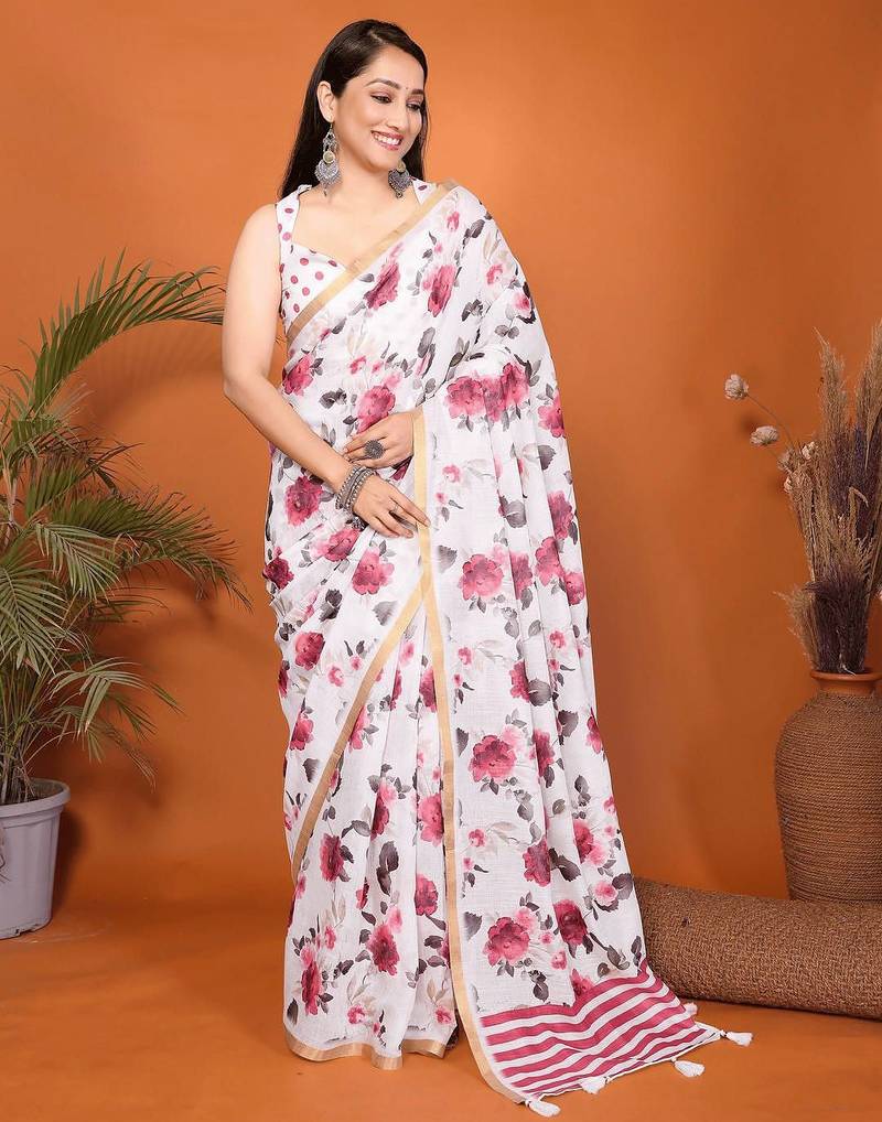 White linen printed saree with blouse