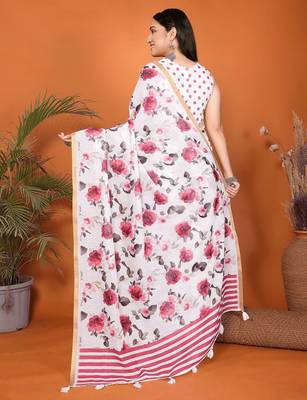 White linen printed saree with blouse 3
