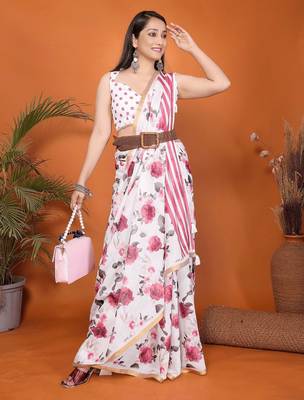 White linen printed saree with blouse 4