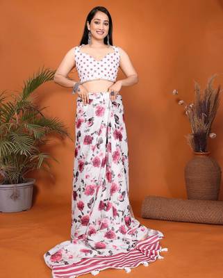 White linen printed saree with blouse 5