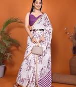White linen printed saree with blouse