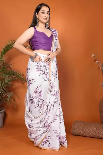 White linen printed saree with blouse