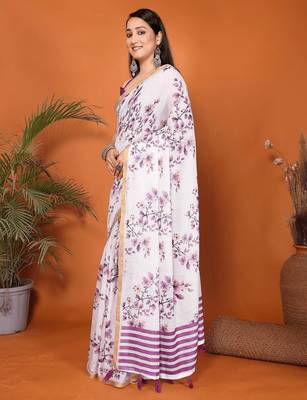 White linen printed saree with blouse 3