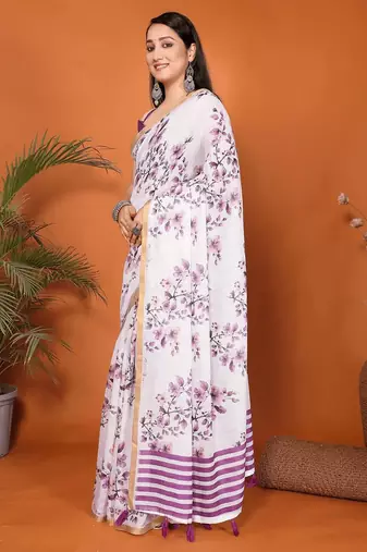 White linen printed saree with blouse