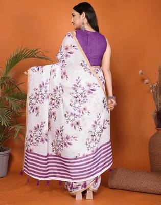 White linen printed saree with blouse 4