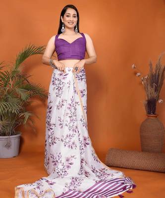 White linen printed saree with blouse 5