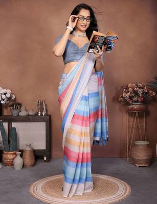 Multicolor linen woven design saree with blouse 3