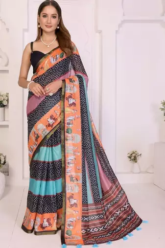Multicolor linen printed saree with blouse