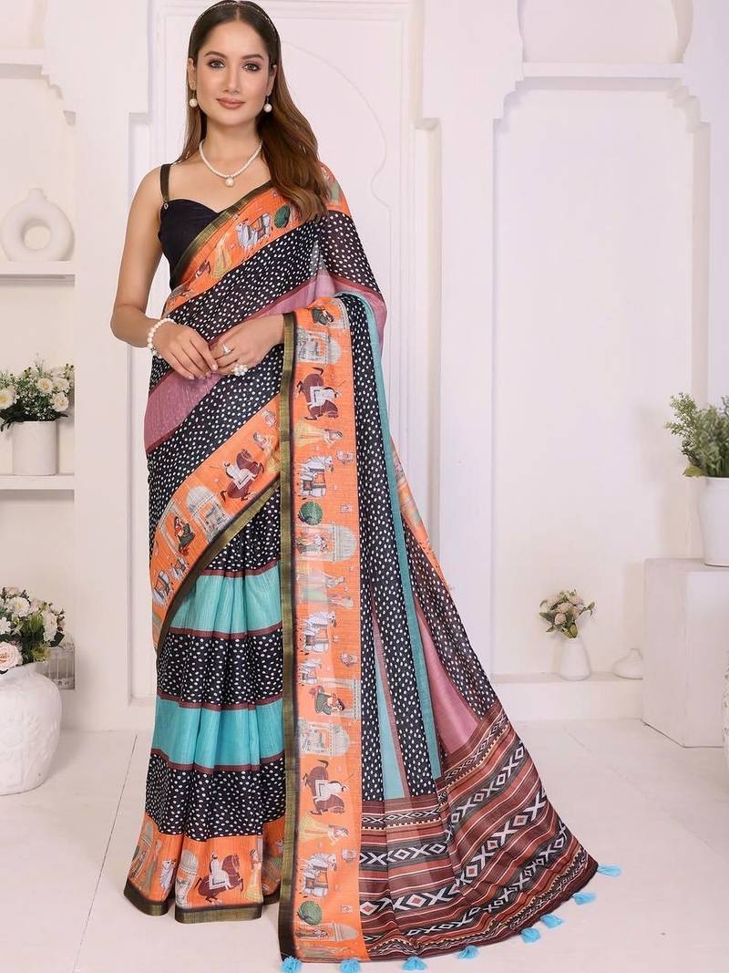 Multicolor linen printed saree with blouse