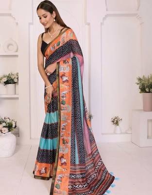 Multicolor linen printed saree with blouse 2
