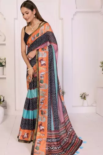 Multicolor linen printed saree with blouse