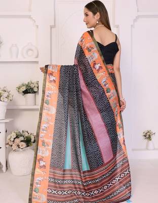 Multicolor linen printed saree with blouse 3