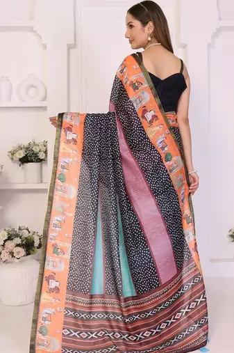 Multicolor linen printed saree with blouse
