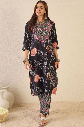 Floral Printed Notch Neck  Cotton Straight Kurta With Trousers