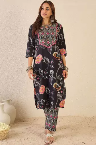 Floral Printed Notch Neck Pure Cotton Straight Kurta With Trousers