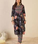 Floral Printed Notch Neck  Cotton Straight Kurta With Trousers