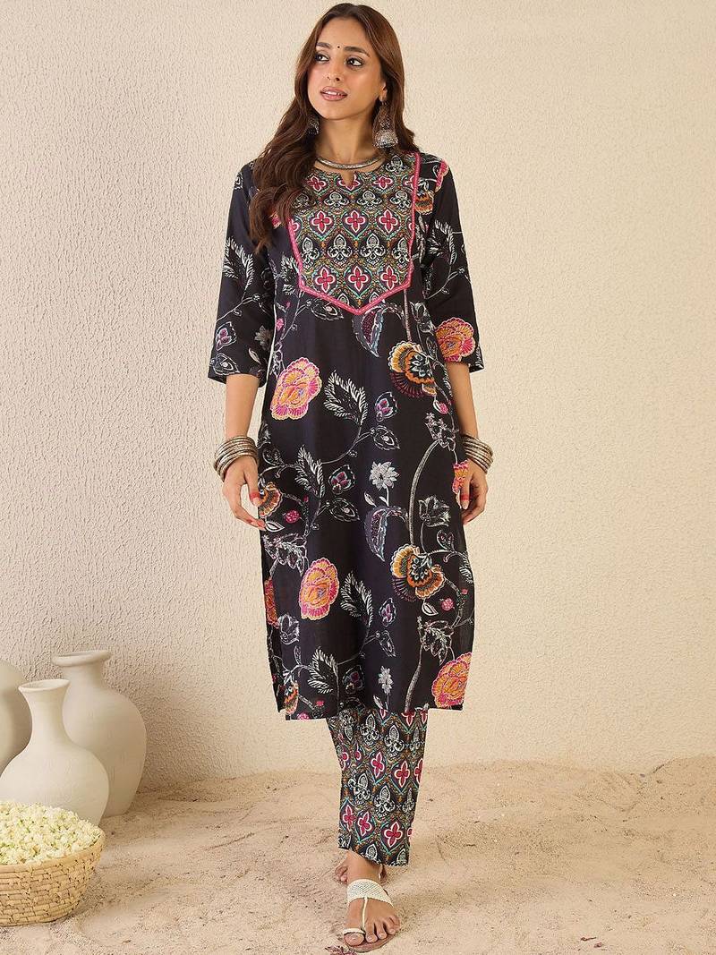 Floral Printed Notch Neck Pure Cotton Straight Kurta With Trousers