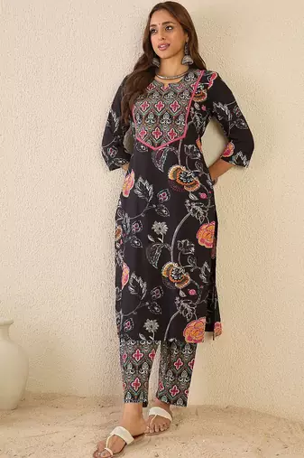 Floral Printed Notch Neck Pure Cotton Straight Kurta With Trousers