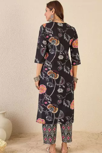 Floral Printed Notch Neck Pure Cotton Straight Kurta With Trousers