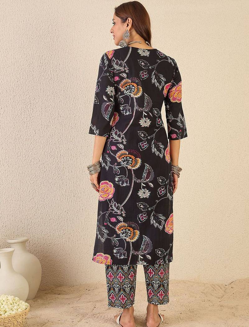 Floral Printed Notch Neck Pure Cotton Straight Kurta With Trousers