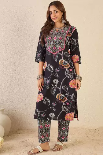 Floral Printed Notch Neck Pure Cotton Straight Kurta With Trousers