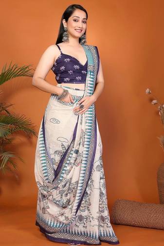 Off white linen printed saree with blouse