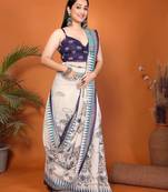 Off white linen printed saree with blouse