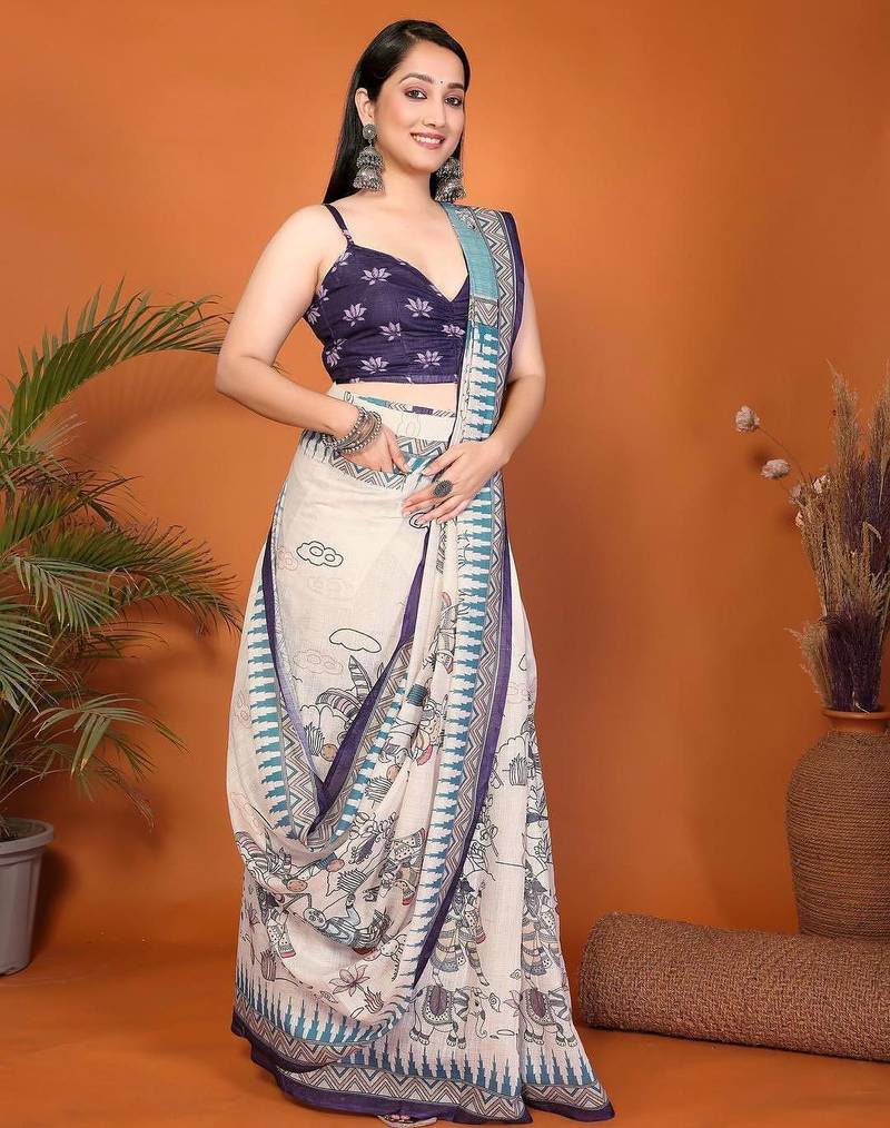 Off white linen printed saree with blouse