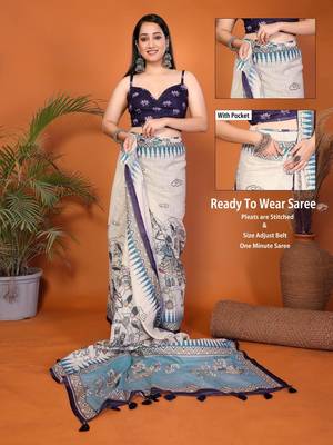 Off white linen printed saree with blouse 2