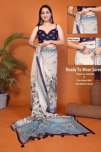 Off white linen printed saree with blouse