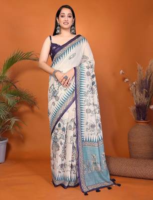 Off white linen printed saree with blouse 3