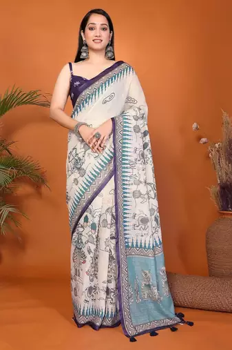 Off white linen printed saree with blouse