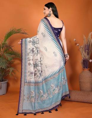 Off white linen printed saree with blouse 4