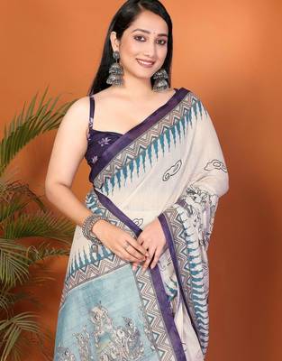 Off white linen printed saree with blouse 5
