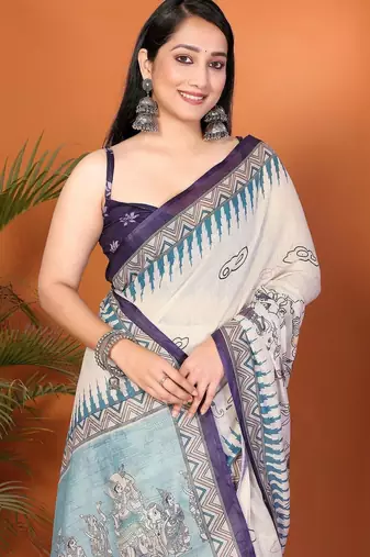 Off white linen printed saree with blouse