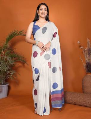 Off white linen printed saree with blouse 1